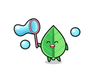 Mutlu yaprak karikatürü sabun köpüğü oynuyor, tişört, etiket, logo ögesi için şirin bir tasarım.