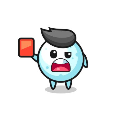 Hakem olarak sevimli kar topu maskotu kırmızı kart veriyor, tişört, çıkartma, logo elementi için şirin bir tasarım.