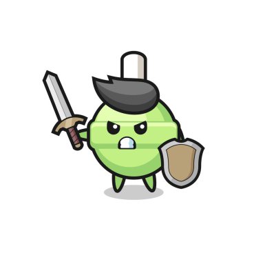 Şirin bir lolipop askeri. Kılıç ve kalkanla savaşıyor. Tişört, çıkartma ve logo için şirin bir tasarım.