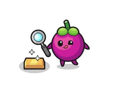 Mangosteen karakteri altın külçesinin orijinalliğini kontrol ediyor, tişört, çıkartma, logo elementi için şirin bir tasarım.