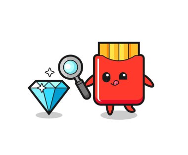 Patates kızartması maskotu elmasın orijinalliğini kontrol ediyor. Tişört, çıkartma, logo elementi için şirin bir tasarım.