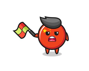 Çin bayrağı karikatürü. Sıra hakimi bayrağı 45 derecelik açıyla kaldırıyor. Tişört, çıkartma, logo unsuru için şirin bir tasarım.