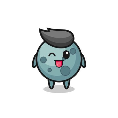 Tatlı ifadeli sevimli asteroit karakteri dilini dışarı çıkarırken, tişört, çıkartma, logo elementi için şirin bir tasarım.