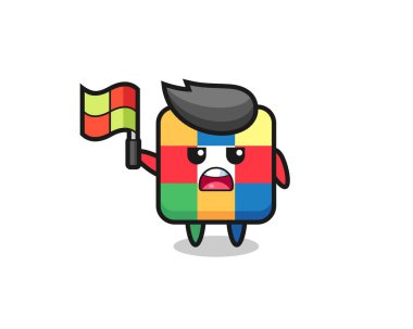 rubik küp karakteri çizgi hakemi olarak bayrağı kaldırıyor, tişört, çıkartma, logo elementi için şirin bir tasarım.