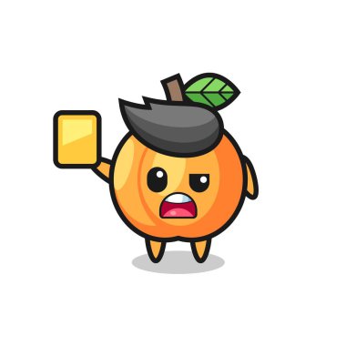 Futbol hakemi olarak kayısı karakteri sarı kart veriyor, tişört, çıkartma, logo elementi için şirin bir tasarım.