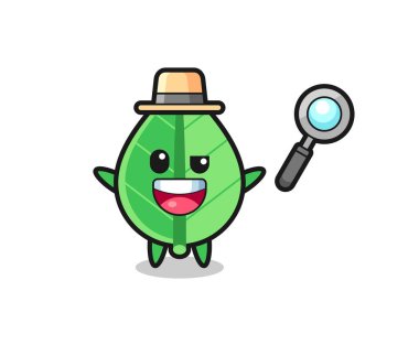 Bir davayı çözen bir dedektif olarak yaprak maskotunun çizimi, tişört, çıkartma, logo elementi için şirin bir tasarım.