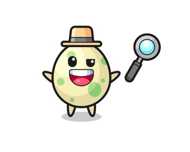 Bir davayı çözmeyi başaran benekli yumurta maskotunun çizimi, tişört, çıkartma, logo elementi için şirin bir tasarım.