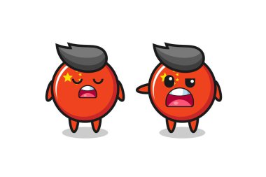 İki sevimli Çin bayrağı karakteri, tişört, çıkartma ve logo elementi için şirin bir tasarım arasındaki tartışmanın gösterimi