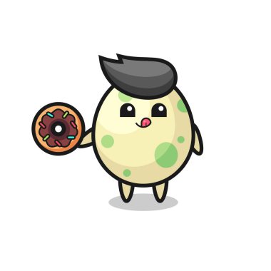Benekli bir yumurta karakterinin çörek yediğini gösteren bir resim. Tişört, çıkartma, logo elementi için şirin bir tasarım.