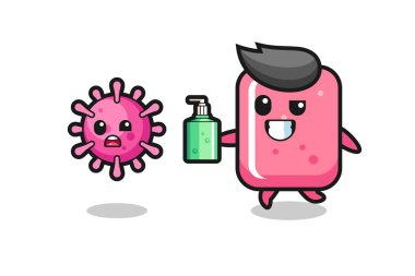 El dezenfektanı ile kötü virüsü kovalayan balonlu sakız karakteri tasarımı tişört, etiket, logo elementi için şirin bir tasarım.