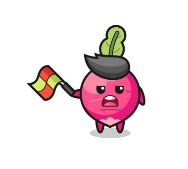 Çizgi film yargıcı olarak turp çizgi filmi bayrağı 45 derecelik açıyla kaldırın, tişört, çıkartma, logo elementi için şirin bir tasarım yapın.