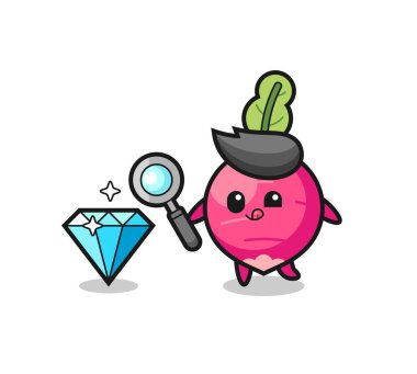 Turp maskotu, elmasın orijinalliğini kontrol ediyor. Tişört, çıkartma, logo elementi için şirin bir tasarım.