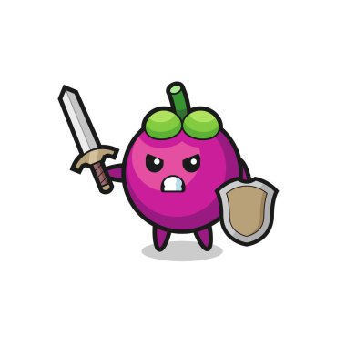 Şirin asker kılıçla ve kalkanla savaşıyor. Tişört, çıkartma, logo elementi için şirin bir tasarım.