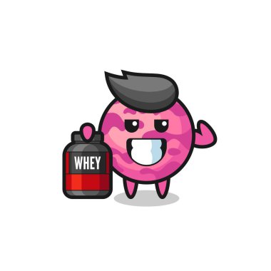 Kas dondurma kepçesi karakteri bir protein takviyesi tutuyor. Tişört, etiket, logo elementi için şirin bir tasarım.