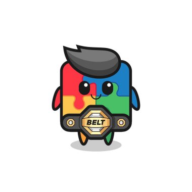 Kemerli MMA savaşçı yapboz maskotu. Tişört, çıkartma, logo elementi için şirin bir tasarım.