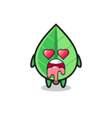 Kalp şeklinde gözleri olan sevimli bir yaprağın aşık olma ifadesi, tişört, çıkartma, logo elementi için şirin bir tasarım.