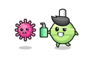 El dezenfektanı ile kötü virüsü kovalayan lolipop karakteri tasarımı tişört, çıkartma, logo elementi için şirin bir tasarım.