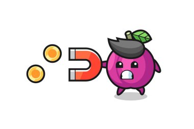 Erik meyvesi karakteri altın sikkeleri yakalamak için bir mıknatıs tutar, tişört, çıkartma, logo elementi için şirin bir tasarım