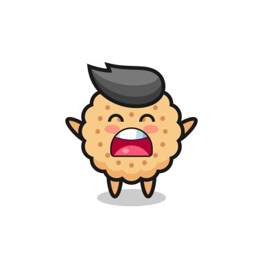 Şirin yuvarlak bisküvi maskotu, esneme ifadesi, tişört, çıkartma, logo elementi için şirin bir tasarım.