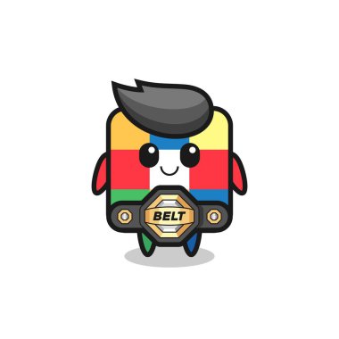 Kemerli MMA savaşçı rubik küp maskotu. Tişört, çıkartma, logo elementi için şirin bir tasarım.