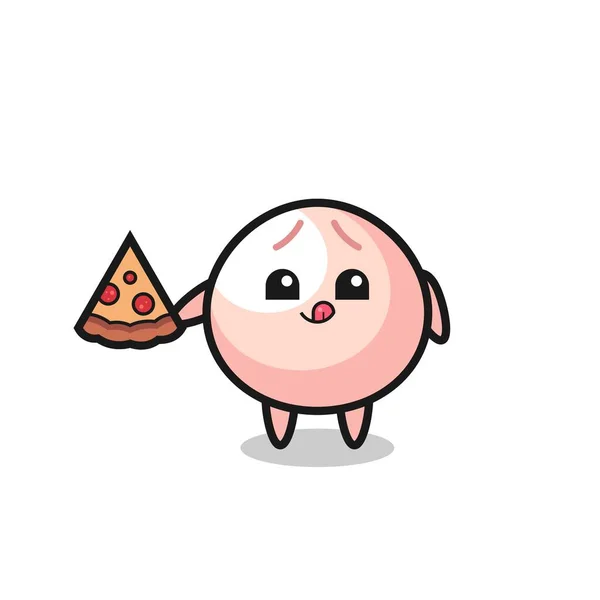 Cute Meatbun Cartoon Eating Pizza Cute Style Design Shirt Sticker — Stock Vector