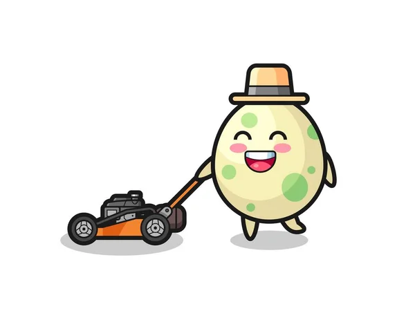 Illustration Spotted Egg Character Using Lawn Mower Cute Style Design — Stock Vector
