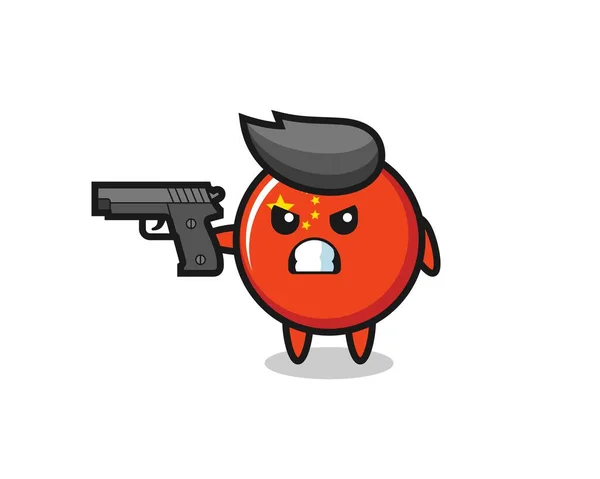 Tir Personnage Badge Drapeau Chine Mignon Avec Pistolet Conception Style — Image vectorielle