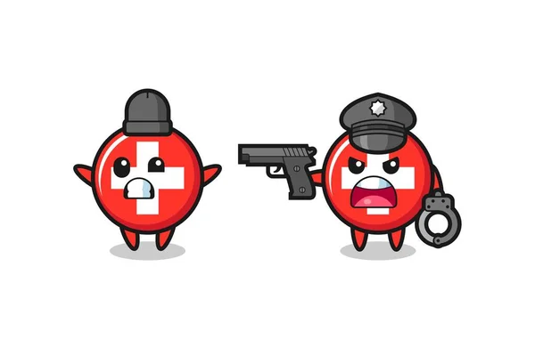 Illustration Switzerland Flag Badge Robber Hands Pose Caught Police Cute - Stok Vektor