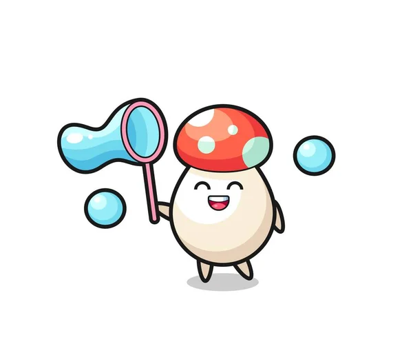 Happy Mushroom Cartoon Playing Soap Bubble Cute Style Design Shirt — стоковый вектор