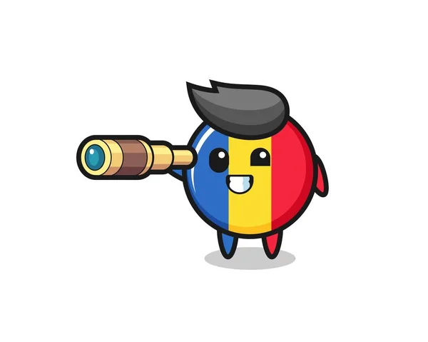 Lindo Personaje Insignia Bandera Romania Está Sosteniendo Viejo Telescopio Lindo — Vector de stock