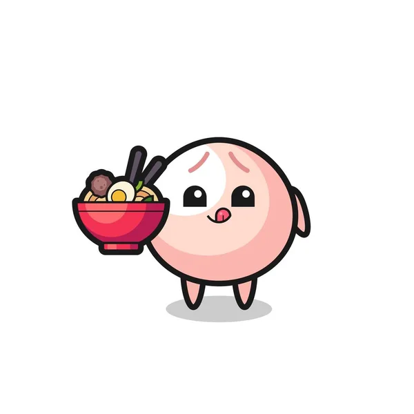 かわいい肉文キャラクターが麺を食べる Tシャツ ステッカー ロゴ要素のためのかわいいスタイルのデザイン — ストックベクタ