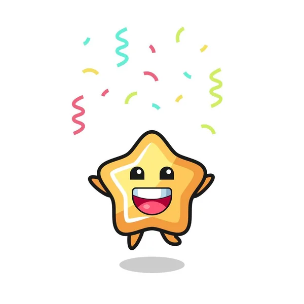 Estrela Feliz Mascote Pulando Para Parabéns Com Confete Cor Design —  Vetores de Stock