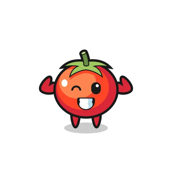 筋肉性トマトのキャラクターが筋肉を見せTシャツやステッカーロゴの要素を可愛くデザインし — ストックベクタ