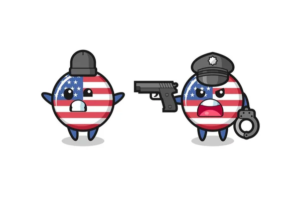 美国国旗徽章抢劫犯的图解 手持姿势被警察抓住 标志元素的可爱风格设计 — 图库矢量图片