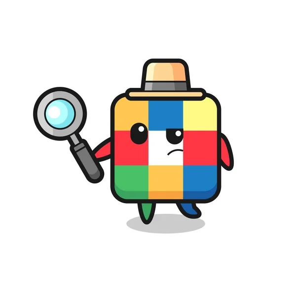 Rubik Cubo Detective Personaggio Sta Analizzando Caso Design Carino Stile — Vettoriale Stock