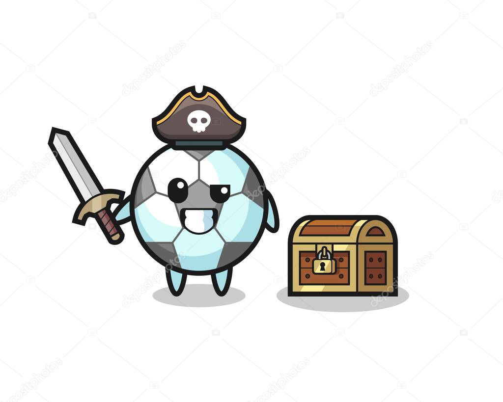 the football pirate character holding sword beside a treasure box , cute style design for t shirt, sticker, logo element