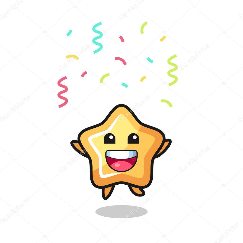 happy star mascot jumping for congratulation with colour confetti , cute style design for t shirt, sticker, logo element