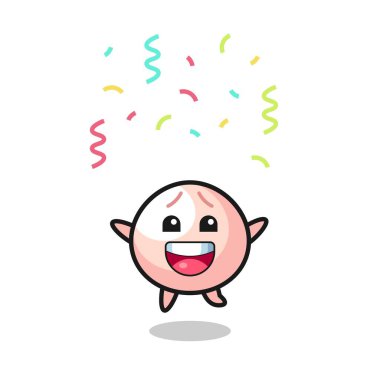 Renkli konfeti, tişört, etiket, logo elementi için şirin bir tasarım ile tebrik etmek için mutlu köfte maskotu atlayışı.