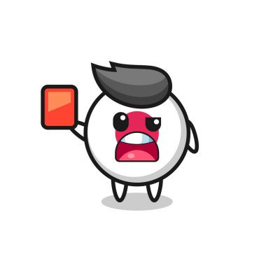 Japon bayrağı rozeti şirin maskot hakem kırmızı kart veriyor, tişört, çıkartma, logo elementi için şirin bir tasarım.