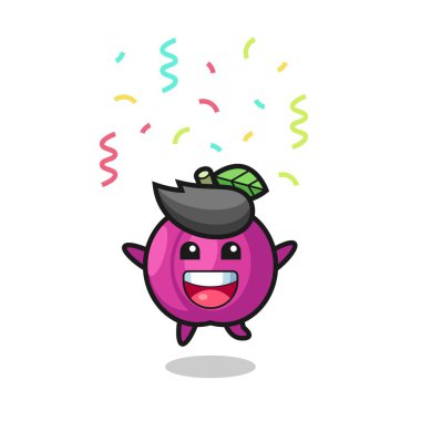 Renkli konfetiyle tebrik etmek için atlayan mutlu erik meyvesi maskotu tişört, çıkartma, logo elementi için şirin bir tasarım.