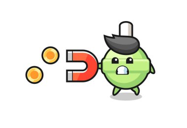 Lolipop karakteri altın sikkeleri yakalamak için bir mıknatıs tutar, tişört, çıkartma, logo elementi için şirin bir tasarım.