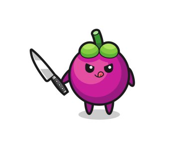 Bıçak tutan bir psikopat olarak şirin bir mangosteen maskotu tişört, çıkartma, logo elementi için şirin bir tasarım.