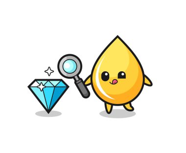 Bal damlası maskotu elmasın orijinalliğini kontrol ediyor. Tişört, çıkartma, logo elementi için şirin bir tasarım.