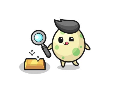 Benekli yumurta karakteri altın külçesinin orijinalliğini kontrol ediyor. Tişört, çıkartma, logo elementi için şirin bir tasarım.