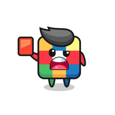 Hakem olarak rubik küp şirin maskot kırmızı kart veriyor. Tişört, çıkartma, logo elementi için şirin bir tasarım.