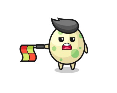 Benekli yumurta karakteri çizgi hakemi bayrağı yatay tut, tişört, etiket, logo elementi için şirin bir tasarım.