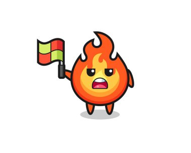 Çizgi hakemi olarak ateş karakteri bayrağı kaldırıyor, tişört, çıkartma, logo elementi için şirin bir tasarım.