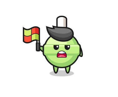 Çizgi hakemi olarak lolipop karakteri bayrağı kaldırıyor, tişört, çıkartma, logo elementi için şirin bir tasarım.