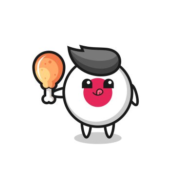 Japonya bayrak rozeti şirin maskotu kızarmış tavuk yiyor. Tişört, çıkartma, logo elementi için şirin bir tasarım.