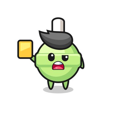 Futbol hakemi olarak çizgi film lolipopu karakteri sarı kart veriyor, tişört, çıkartma, logo elementi için şirin bir tasarım.